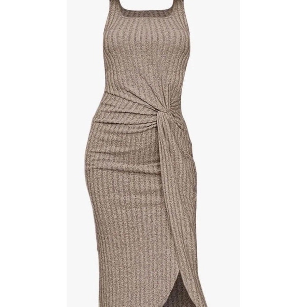 CozyEase Tank Dress Women Small Khaki New Ribbed Asymmetrical Midi C376